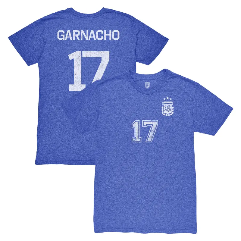 France National Team Alejandro Garnacho Argentina National Team 1863FC Player Vintage Tri-Blend T-Shirt – Blue – Official World Cup Football Kits