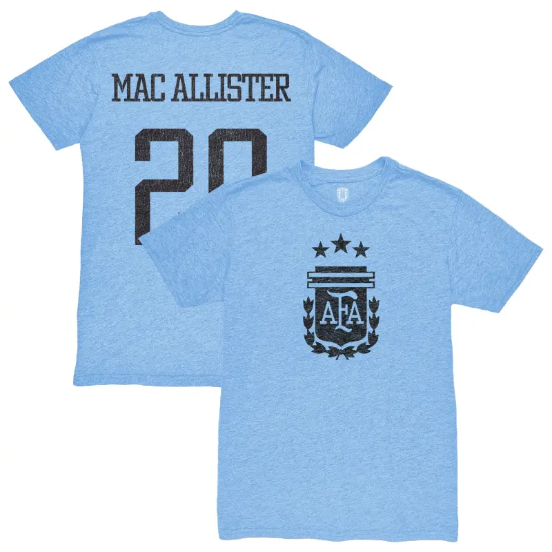 France National Team Alexis Mac Allister Argentina National Team 1863FC Player Retro Tri-Blend T-Shirt – Light Blue – Official World Cup Football Kits