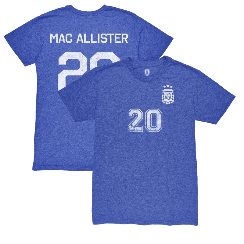France National Team Alexis Mac Allister Argentina National Team 1863FC Retro Name & Number Tri-Blend T-Shirt – Blue – Official World Cup Football Kits